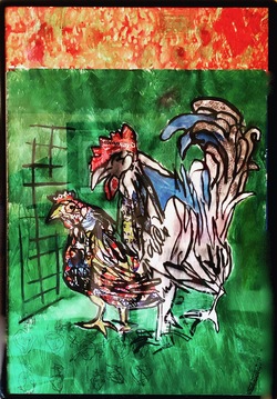 Puerto Rican Hen and American Rooster, mixed media and food labels