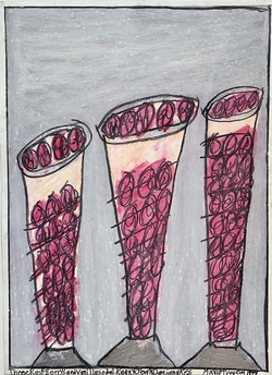 Kerry Damianakes, Three Strawberry and Vanilla Sodas, oil pastel paper